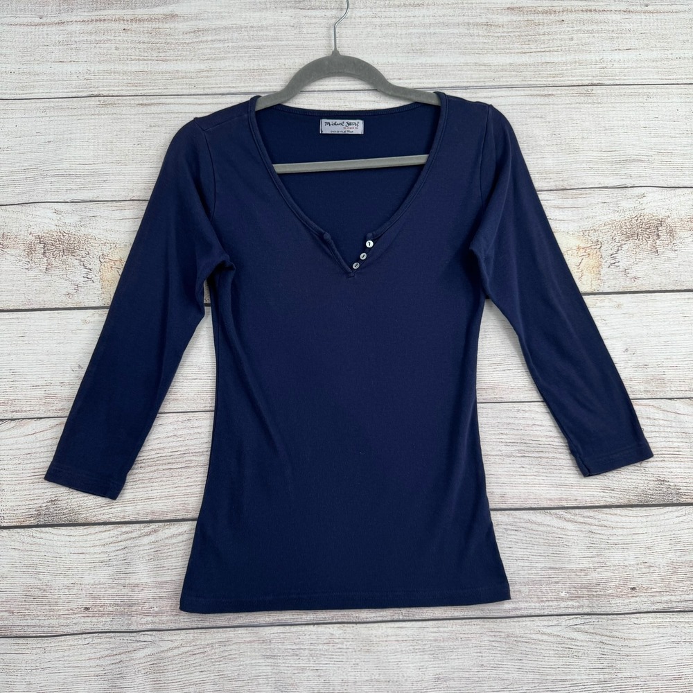 Michael Stars Henley Top Womens OS Navy Blue 3/4 Sleeve Supima Cotton 8765 BASIC